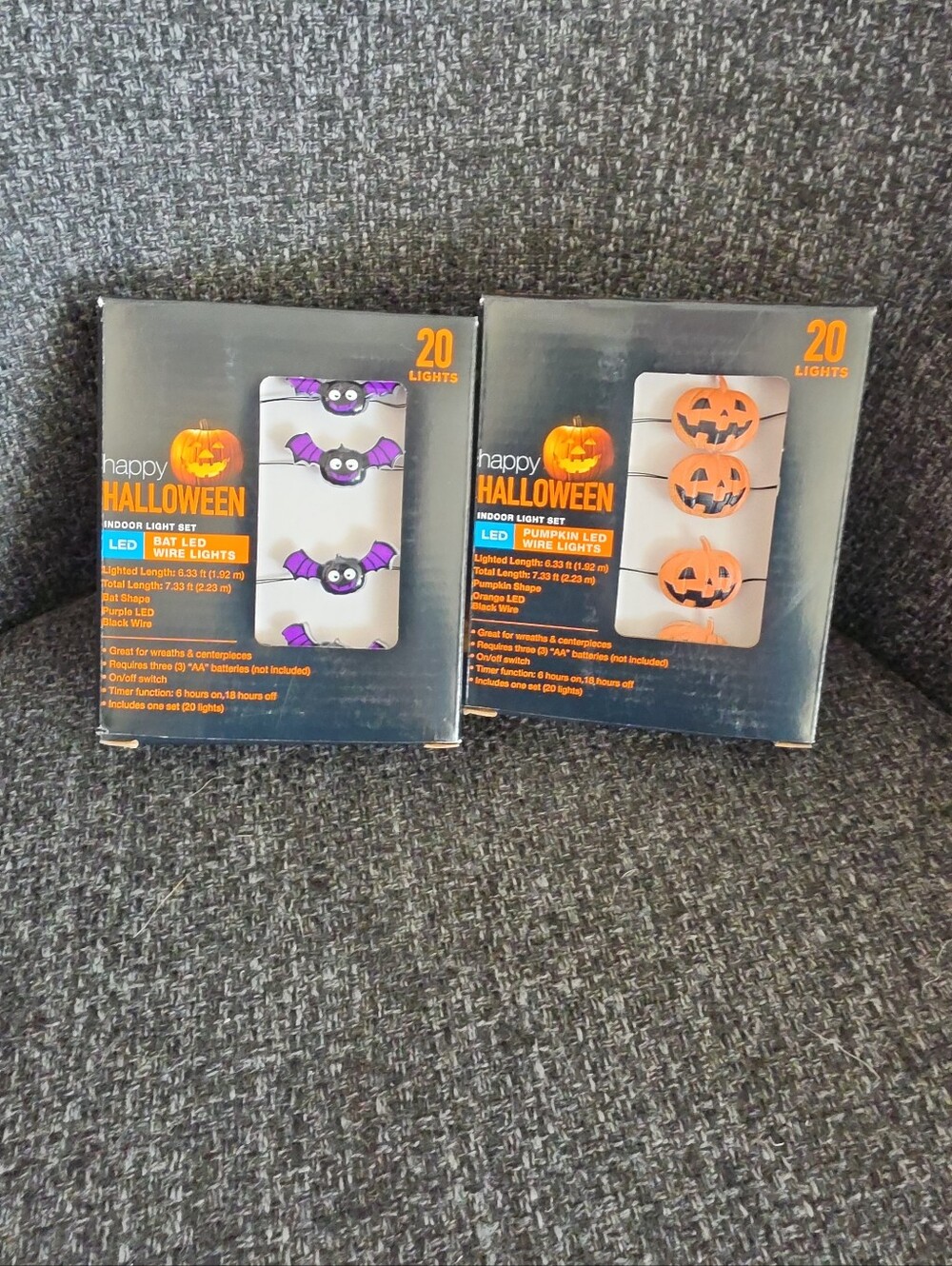 NIB Happy Halloween LED Pumpkin & BATS Wired String Lights Purple & Orange
